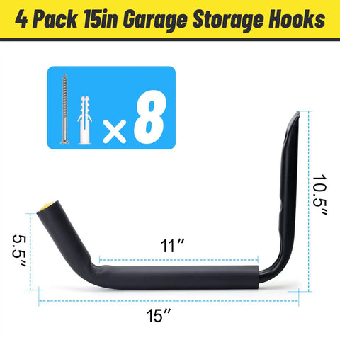 Heavy Duty Garage Storage Hooks Four Pack 120 Lb Capacity 15 Inch Wall Mounted Rack with screws and dimensions shown