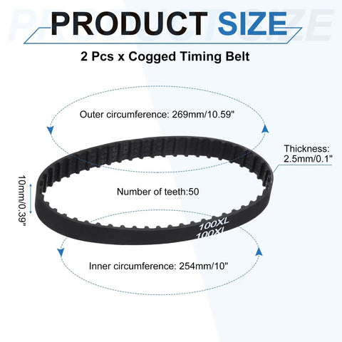 2 Pack 100XL Rubber Timing Belts With Pro Grade 50 Teeth 10 mm Wide 5.08 mm Pitch Synchronous Closed Loop Drive Belt image