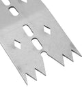 Close-up of heavy duty stainless steel slab clamping dogs for woodworking jobs with pointed teeth for secure grip.