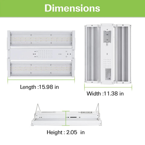 2 Pack LED Linear High Bay Shop Light 210W 27300 Lumens 130 Lm Per Watt 5000K Warehouse Lighting dimensions with length 15.98 in, width 11.38 in, height 2.05 in