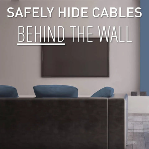 Living room with wall-mounted TV using Cord Cover With Grommets For Wall Mounted TV Cables, 2 Pack, Slick Cable Management Kit.