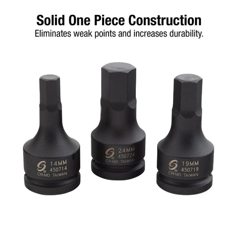 Three Quarter Inch Drive Impact Hex Driver Set Five Piece Metric 14mm To 24mm CrMo Steel Dual Size Markings Solid One Piece