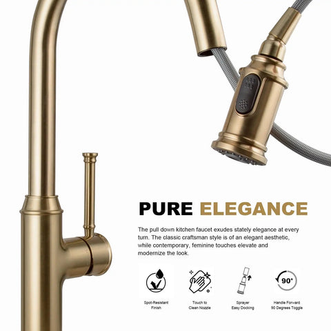 Sharp Looking Champagne Gold Kitchen Faucet With Pull Down Sprayer And Single Handle Mixer Designed For No Sweat Installation And A Classy Vibe In Your Kitchen, showcasing elegant sprayer design.