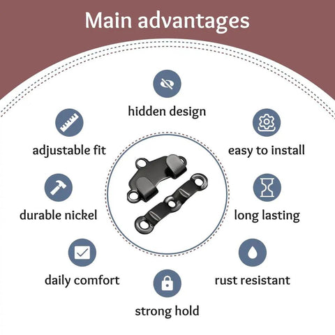 Main advantages of Heavy Duty Sewing Hooks And Eyes Closures for Bra Trousers Skirt Repair, including hidden design and strong hold.