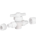 Slick 1/2 Inch Inline Water Shut Off Valve For PEX And Gray Tubing 2 Pack showing a white valve with quick turn handle.