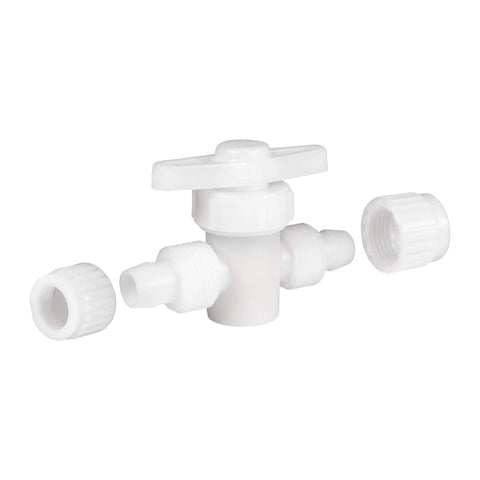 Slick 1/2 Inch Inline Water Shut Off Valve For PEX And Gray Tubing 2 Pack showing a white valve with quick turn handle.