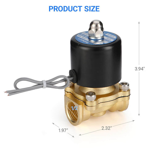 Brass Waterproof Electric Solenoid Valve Half Inch NPT DC12V Normally Closed For Water Oil Gas Air, product dimensions shown