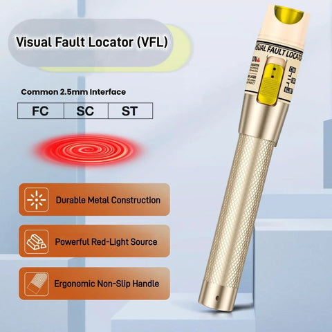 Visual Fault Locator (VFL) fiber optic tester with gold metal body and red light source; 2.5 mm FC/SC/ST interface.