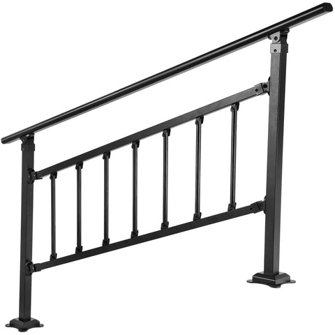 Rock Solid Wrought Iron Outdoor Stair Railing With Adjustable Frame For Zero To Five Steps in sleek matte black finish