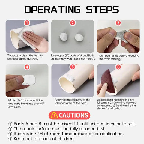 Step-by-step guide for using Heavy Duty Epoxy Putty 200g Two Component AB Kit for fast repair on various surfaces.