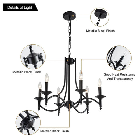 Details of Black Farmhouse Chandelier Industrial Iron Six Light Pendant with black finish and classic candle stems