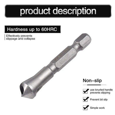 Heavy Duty 3 Piece Countersink Chamfer Drill Bit Set With One Quarter Inch Hex Shank High Speed Steel Knockout Deburring Tool for Wood showing a non-slip bit.