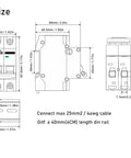 Kickass Two Pole DC Miniature Circuit Breaker With Top Shelf Protection For Solar Panels and Big Battery Banks showing dimensions and wiring details.