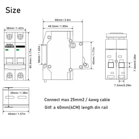 Kickass Two Pole DC Miniature Circuit Breaker With Top Shelf Protection For Solar Panels and Big Battery Banks showing dimensions and wiring details.