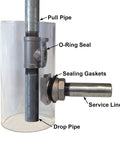 Heavy Duty 1-1/4 Inch Stainless Steel Pitless Adapter For Well Pumps, 2-Piece Mounting Design, close-up showing pull and drop pipe connections.