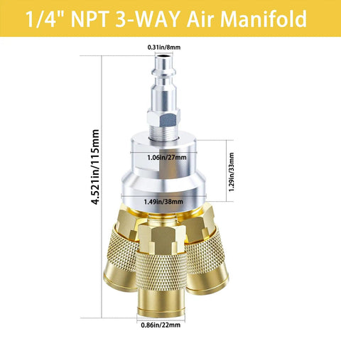 One Fourth Inch NPT 3 Way Air Manifold Kit With Brass Couplers And Air Hose Connectors Workhorse Splitter For Compressors