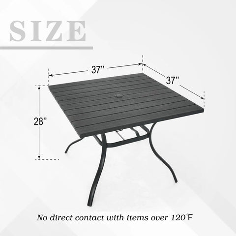 Outdoor Dining Table With 1.6 Inch Umbrella Hole, Brown Plastic Square Backyard Bistro Table dimensions and design details.