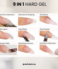 Image showing 9 uses of HEMA Free Warm Pink Hard Gel For Nails Pro Grade Builder Gel including extensions, overlays, and shaping.