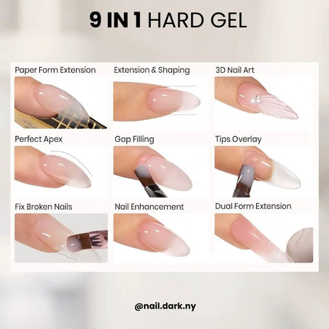 Image showing 9 uses of HEMA Free Warm Pink Hard Gel For Nails Pro Grade Builder Gel including extensions, overlays, and shaping.