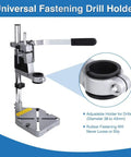 Universal Drill Press Stand For Hand Drills Adjustable Benchtop Clamp Mount with rubber fastening base and holder close-up.