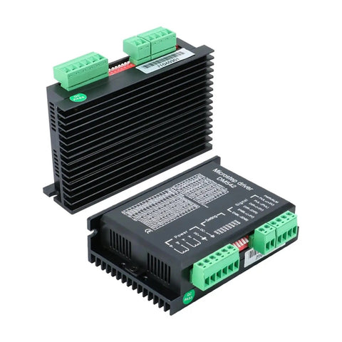 Aluminum Stepper Motor Driver DM542 DM556 9-42V 4A And 20-50V 4.2A 5.6A For Nema17 Nema23 Nema24 CNC Router 3D Printer Upgrade With Smooth Microstepping Control And Beefy Aluminum Enclosure, black finned aluminum body with green terminals