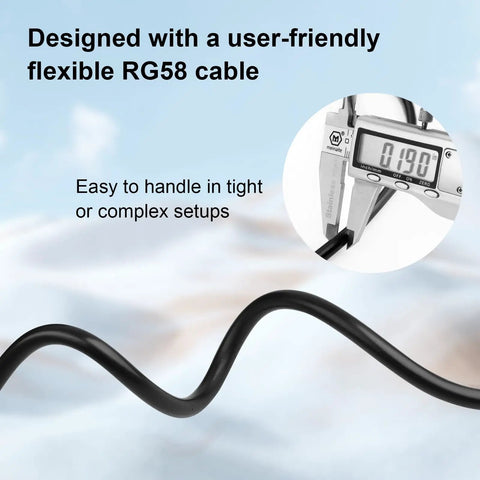 Flexible Beefy RG58 Coax Cable 3ft 50 Ohm With PL-259 UHF Male Connectors, easy to handle in tight setups, caliper measuring width.