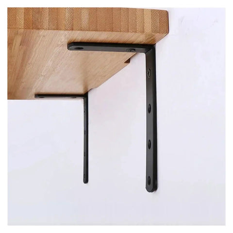 Heavy Duty L Shaped Corner Brackets For Wall Shelf Support, black steel, mounted under wooden shelf, strong support.