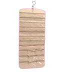 Slick Double Sided Hanging Jewelry Organizer With Foldable Design And Ample Pockets For Rings Earrings Watches, beige with clear pockets.