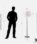 Dual Pull Chain Floor Lamp With Brushed Steel Finish And White Fabric Drum Shade, 61 inches tall, size comparison with silhouette.