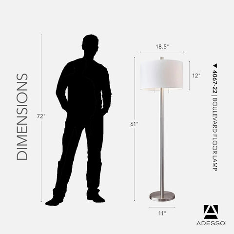 Dual Pull Chain Floor Lamp With Brushed Steel Finish And White Fabric Drum Shade, 61 inches tall, size comparison with silhouette.