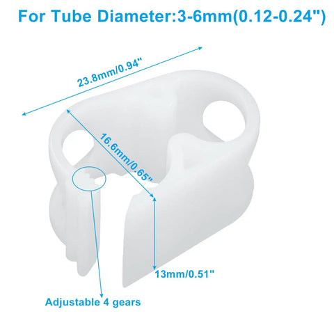 20 Piece Plastic Tubing Clamps For 1/8 To 1/4 Inch Tubing, showing dimensions and adjustable positions, white POM plastic
