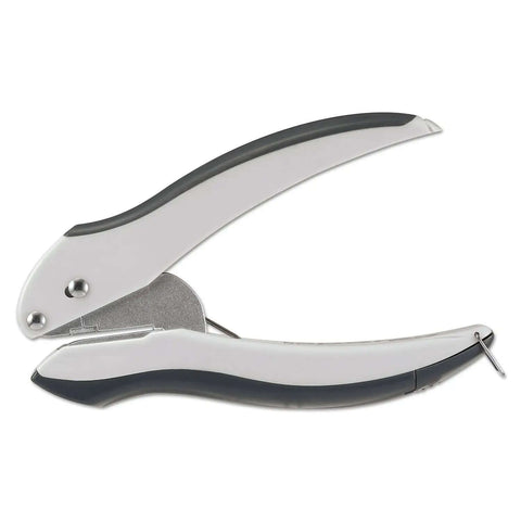 EZ Squeeze One Hole Paper Punch For 10 Sheets With No Jam Tech, ultra lightweight, ergonomic grip, side view of gray blue office tool