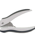 Side view of InLight One Hole Punch with 10 sheet capacity, lightweight ergonomic easy squeeze handles, jam-free, gray office tool.