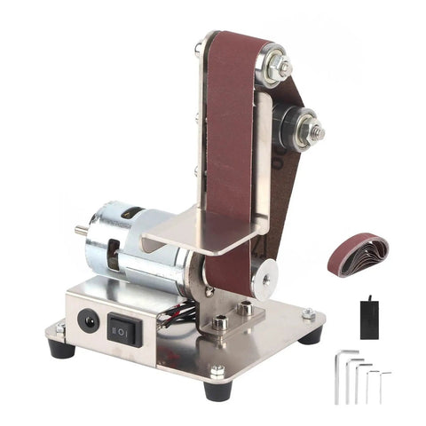 Compact And Versatile Mini Electric Belt Sander Machine For Desktop Use features stainless steel, adjustable speed, for wood and metal.