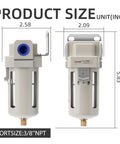 Front and side view of Heavy-Duty Air Line Filter With 3/8 NPT Port For Clean Air System AF3000-03 with dimensions