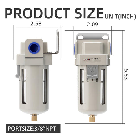 Front and side view of Heavy-Duty Air Line Filter With 3/8 NPT Port For Clean Air System AF3000-03 with dimensions
