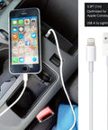 CarPlay USB A To Lightning Cable For iPhone And iPad One Meter Long Sync And Charge Cord connected to iPhone in car.