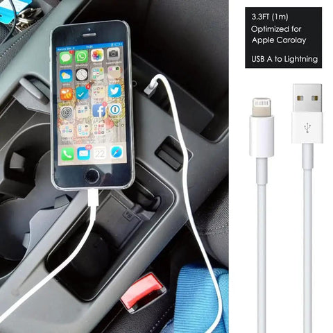 CarPlay USB A To Lightning Cable For iPhone And iPad One Meter Long Sync And Charge Cord connected to iPhone in car.