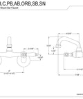 Technical drawing of Solid Brass Bar Faucet With Wall Mount And Two Hole Install Drip Free Ceramic Disc Cartridge One Half Inch NPT