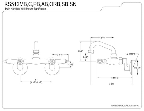 Technical drawing of Solid Brass Bar Faucet With Wall Mount And Two Hole Install Drip Free Ceramic Disc Cartridge One Half Inch NPT