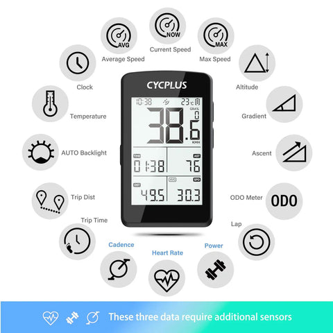 Wireless GPS Bike Computer With ANT Plus And Bluetooth Two Point Eight Inch LCD Screen IP67 Waterproof showing data icons