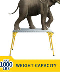Heavy Duty Folding Welding Table With 46 Inch Steel Workbench Top And Slick Roll Wheels, Adjustable Height And Easy Tilt Modes, Rock Solid 1000 Lb Capacity, Built Beastly For Garage And Wood Shop Grinds with elephant standing on it.