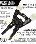 Glow In The Dark Grips Wire Stripper And Cutter With Serrated Curve Nose For 10 To 18 AWG Solid And 12 To 20 AWG Stranded Wire Pro Grade Tool Made In USA, showing glow handles and serrated nose.