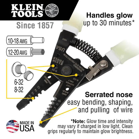 Glow In The Dark Grips Wire Stripper And Cutter With Serrated Curve Nose For 10 To 18 AWG Solid And 12 To 20 AWG Stranded Wire Pro Grade Tool Made In USA, showing glow handles and serrated nose.