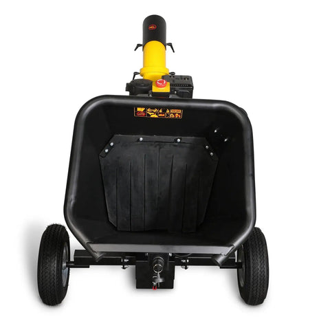 Front view of towable 5 inch gas powered wood chipper shredder mulcher with electric start and emergency stop button
