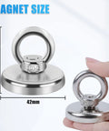 Powerful 150 Lb Neodymium Magnetic Lifting Set, Heavy Duty Salvage Magnets For Removing And Retrieving, 1.65 Inch Diameter, 4 Pack, showing magnet size and hand holding a magnet.