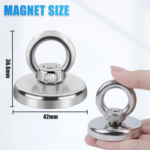 Powerful 150 Lb Neodymium Magnetic Lifting Set, Heavy Duty Salvage Magnets For Removing And Retrieving, 1.65 Inch Diameter, 4 Pack, showing magnet size and hand holding a magnet.