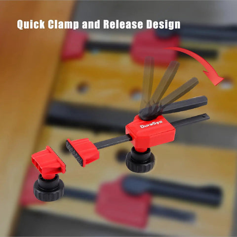 Two Pack Horizontal Bench Clamp Set For Woodworking, Up To 170 Pounds Of Holding Power, red adjustable clamp on wood