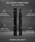 Ball Bearing Drawer Slides For Smooth Glide In Cabinets with cold-rolled steel, black finish, and heavy-duty support features