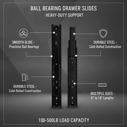 Ball Bearing Drawer Slides For Smooth Glide In Cabinets with cold-rolled steel, black finish, and heavy-duty support features